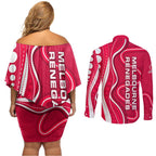 Melbourne Renegades Couples Matching Off Shoulder Short Dress and Long Sleeve Button Shirt Aboriginal Dot Art Red White - Tribal Wave Pattern