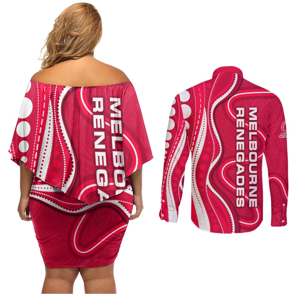 Melbourne Renegades Couples Matching Off Shoulder Short Dress and Long Sleeve Button Shirt Aboriginal Dot Art Red White - Tribal Wave Pattern