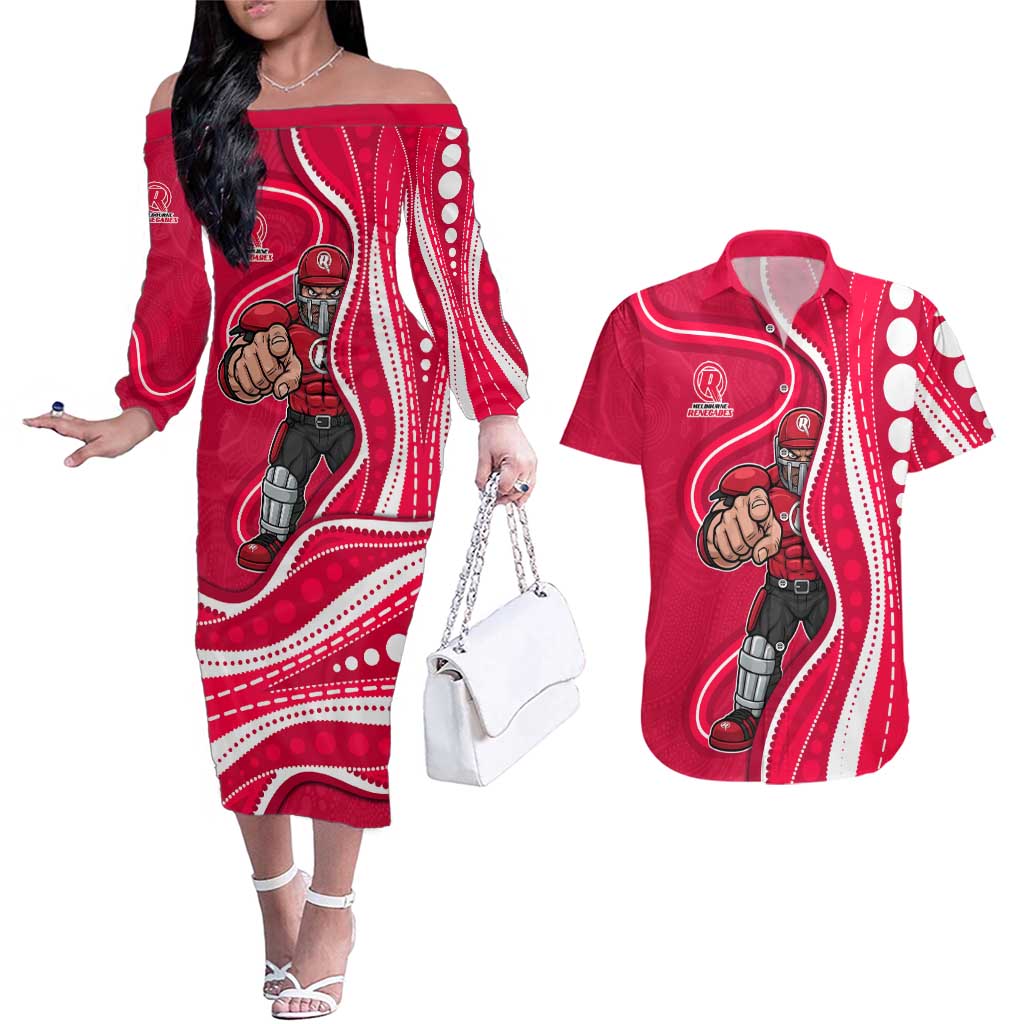 Melbourne Renegades Couples Matching Off The Shoulder Long Sleeve Dress and Hawaiian Shirt Aboriginal Dot Art Red White - Tribal Wave Pattern