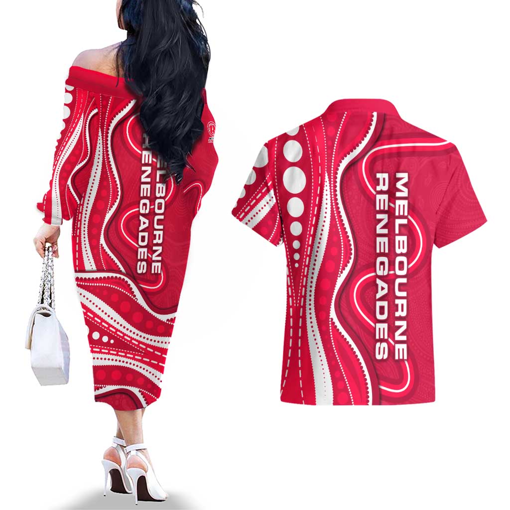 Melbourne Renegades Couples Matching Off The Shoulder Long Sleeve Dress and Hawaiian Shirt Aboriginal Dot Art Red White - Tribal Wave Pattern