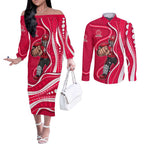 Melbourne Renegades Couples Matching Off The Shoulder Long Sleeve Dress and Long Sleeve Button Shirt Aboriginal Dot Art Red White - Tribal Wave Pattern