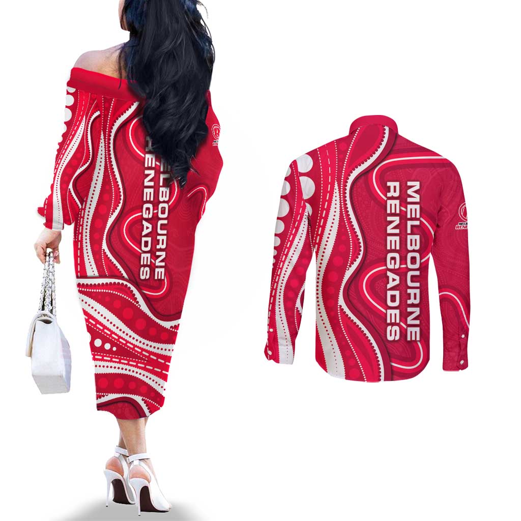 Melbourne Renegades Couples Matching Off The Shoulder Long Sleeve Dress and Long Sleeve Button Shirt Aboriginal Dot Art Red White - Tribal Wave Pattern