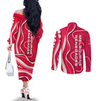 Melbourne Renegades Couples Matching Off The Shoulder Long Sleeve Dress and Long Sleeve Button Shirt Aboriginal Dot Art Red White - Tribal Wave Pattern