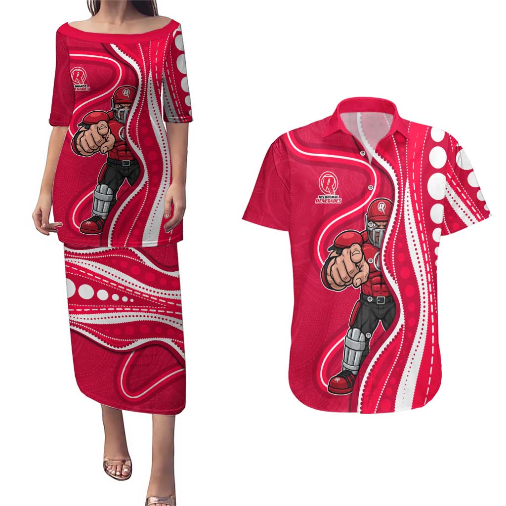 Melbourne Renegades Couples Matching Puletasi and Hawaiian Shirt Aboriginal Dot Art Red White - Tribal Wave Pattern
