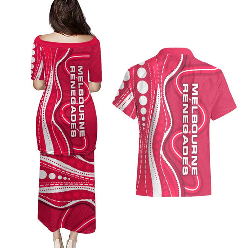 Melbourne Renegades Couples Matching Puletasi and Hawaiian Shirt Aboriginal Dot Art Red White - Tribal Wave Pattern