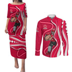 Melbourne Renegades Couples Matching Puletasi and Long Sleeve Button Shirt Aboriginal Dot Art Red White - Tribal Wave Pattern