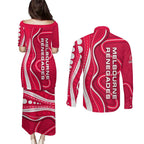 Melbourne Renegades Couples Matching Puletasi and Long Sleeve Button Shirt Aboriginal Dot Art Red White - Tribal Wave Pattern