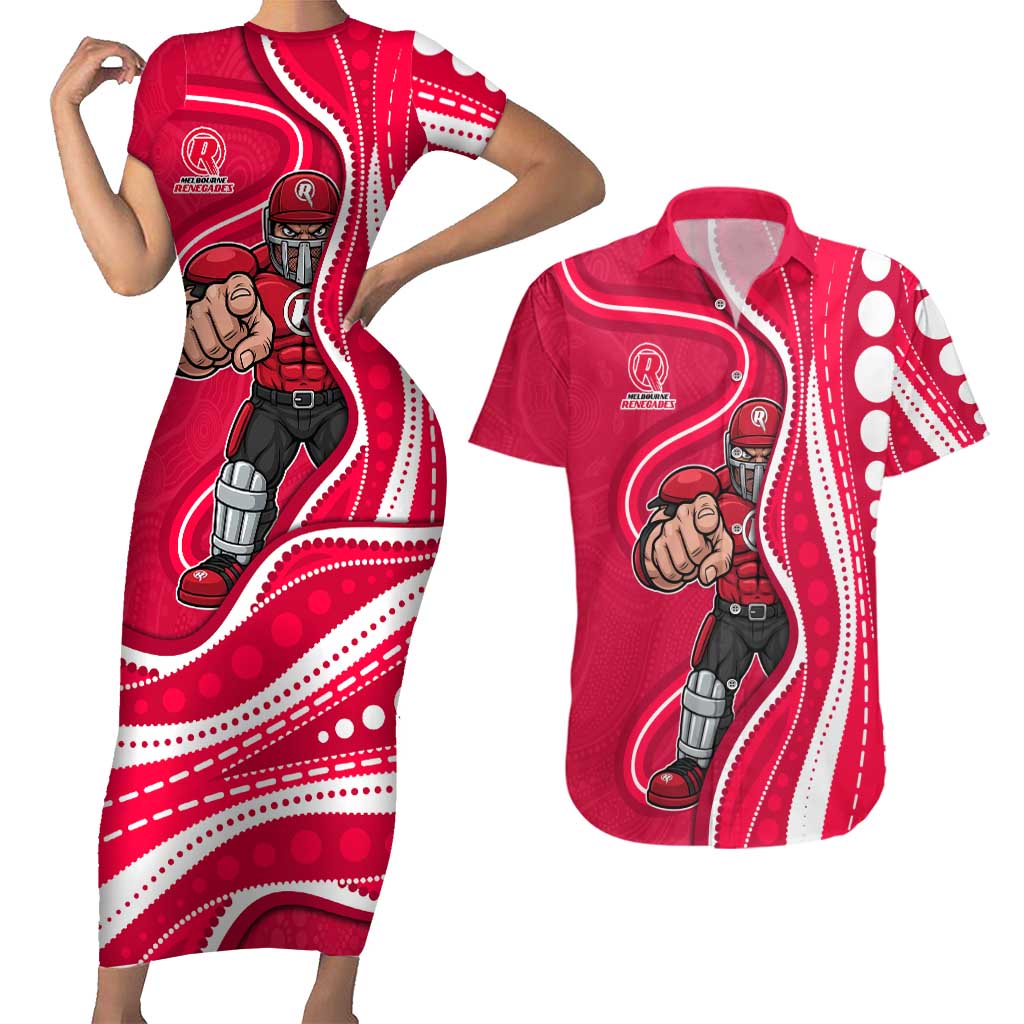 Melbourne Renegades Couples Matching Short Sleeve Bodycon Dress and Hawaiian Shirt Aboriginal Dot Art Red White - Tribal Wave Pattern