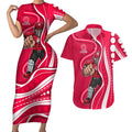 Melbourne Renegades Couples Matching Short Sleeve Bodycon Dress and Hawaiian Shirt Aboriginal Dot Art Red White - Tribal Wave Pattern