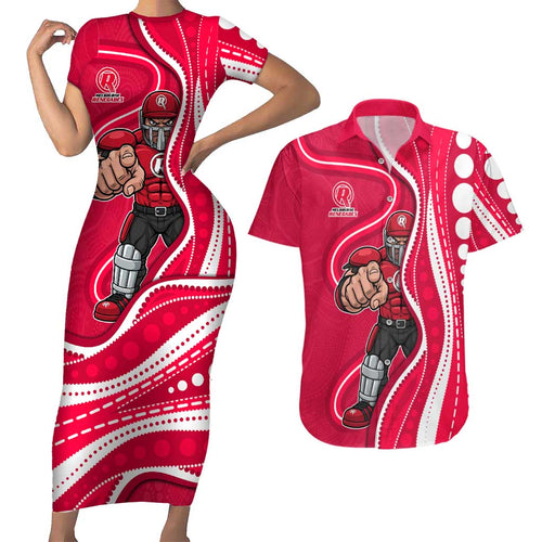 Melbourne Renegades Couples Matching Short Sleeve Bodycon Dress and Hawaiian Shirt Aboriginal Dot Art Red White - Tribal Wave Pattern