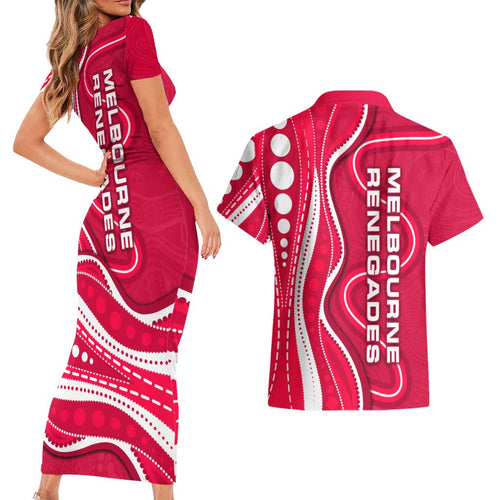 Melbourne Renegades Couples Matching Short Sleeve Bodycon Dress and Hawaiian Shirt Aboriginal Dot Art Red White - Tribal Wave Pattern