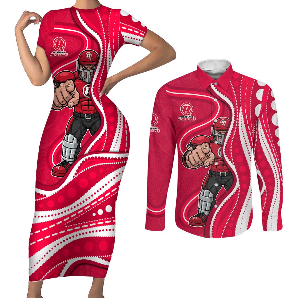 Melbourne Renegades Couples Matching Short Sleeve Bodycon Dress and Long Sleeve Button Shirt Aboriginal Dot Art Red White - Tribal Wave Pattern