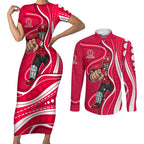 Melbourne Renegades Couples Matching Short Sleeve Bodycon Dress and Long Sleeve Button Shirt Aboriginal Dot Art Red White - Tribal Wave Pattern