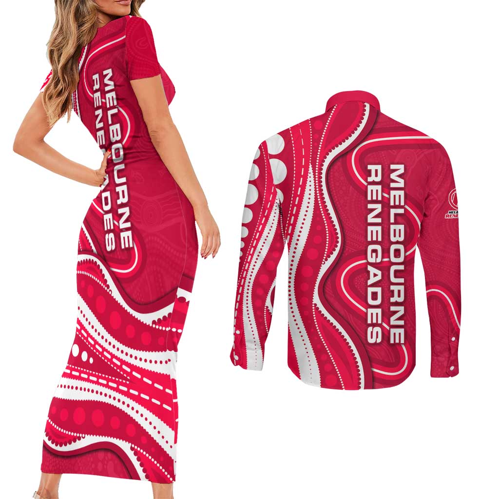 Melbourne Renegades Couples Matching Short Sleeve Bodycon Dress and Long Sleeve Button Shirt Aboriginal Dot Art Red White - Tribal Wave Pattern
