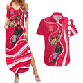 Melbourne Renegades Couples Matching Summer Maxi Dress and Hawaiian Shirt Aboriginal Dot Art Red White - Tribal Wave Pattern