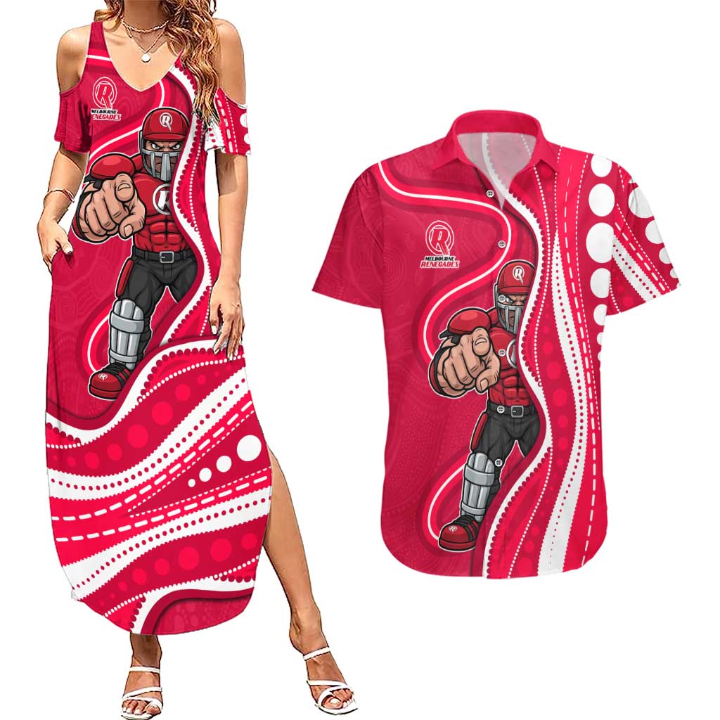 Melbourne Renegades Couples Matching Summer Maxi Dress and Hawaiian Shirt Aboriginal Dot Art Red White - Tribal Wave Pattern