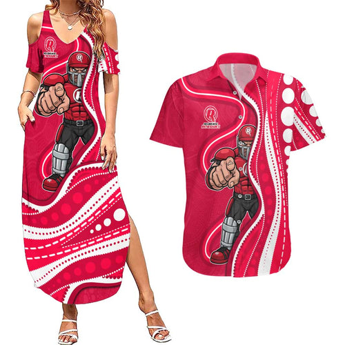 Melbourne Renegades Couples Matching Summer Maxi Dress and Hawaiian Shirt Aboriginal Dot Art Red White - Tribal Wave Pattern