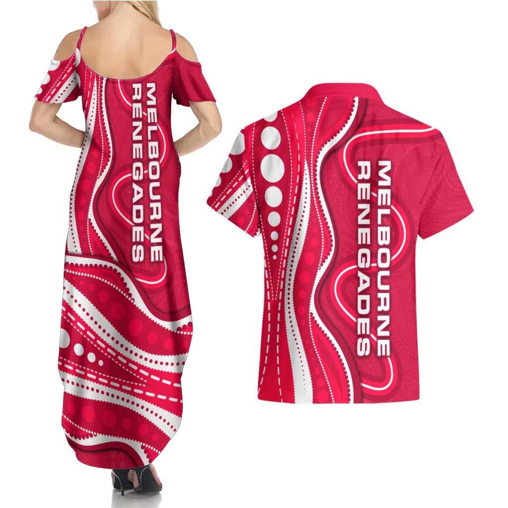 Melbourne Renegades Couples Matching Summer Maxi Dress and Hawaiian Shirt Aboriginal Dot Art Red White - Tribal Wave Pattern