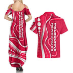 Melbourne Renegades Couples Matching Summer Maxi Dress and Hawaiian Shirt Aboriginal Dot Art Red White - Tribal Wave Pattern