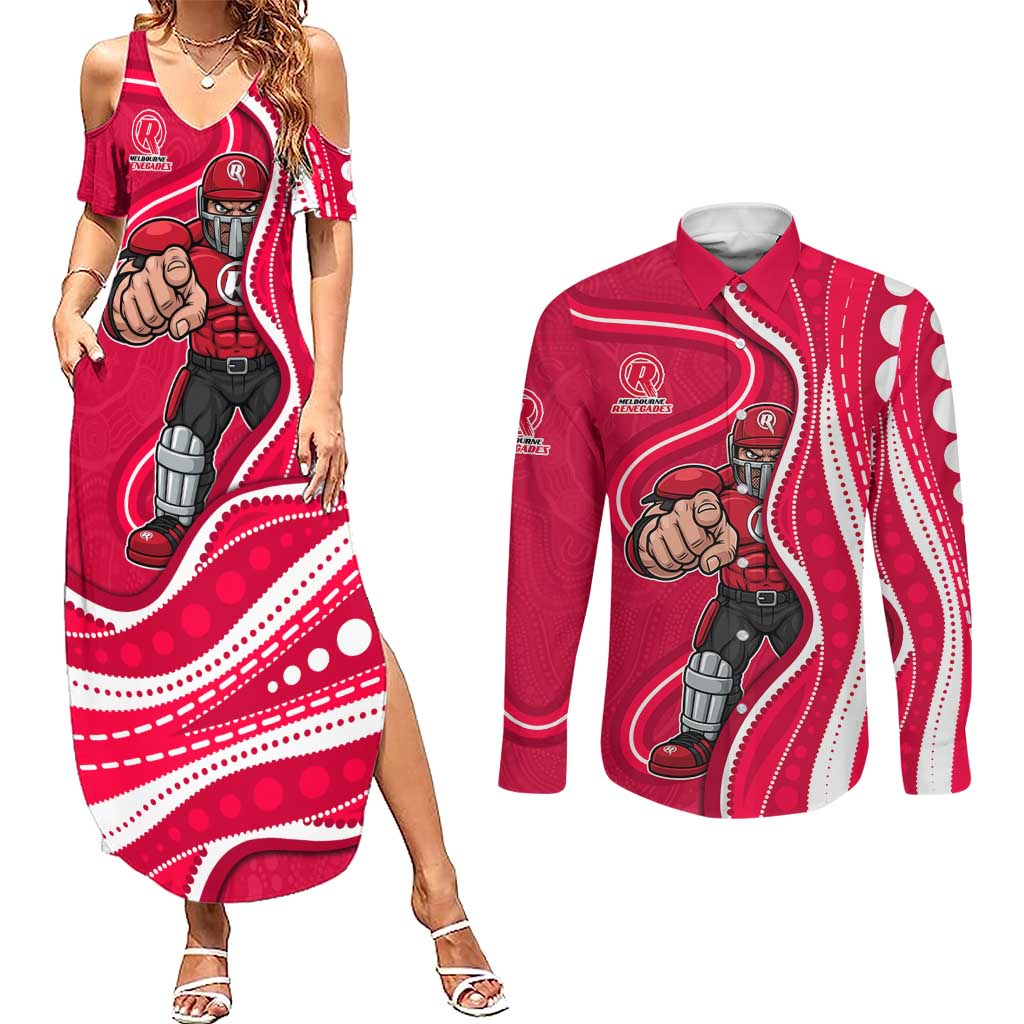 Melbourne Renegades Couples Matching Summer Maxi Dress and Long Sleeve Button Shirt Aboriginal Dot Art Red White - Tribal Wave Pattern