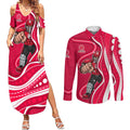 Melbourne Renegades Couples Matching Summer Maxi Dress and Long Sleeve Button Shirt Aboriginal Dot Art Red White - Tribal Wave Pattern