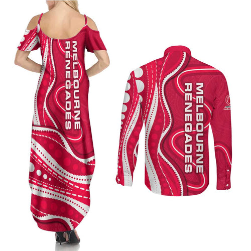 Melbourne Renegades Couples Matching Summer Maxi Dress and Long Sleeve Button Shirt Aboriginal Dot Art Red White - Tribal Wave Pattern