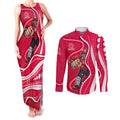 Melbourne Renegades Couples Matching Tank Maxi Dress and Long Sleeve Button Shirt Aboriginal Dot Art Red White - Tribal Wave Pattern