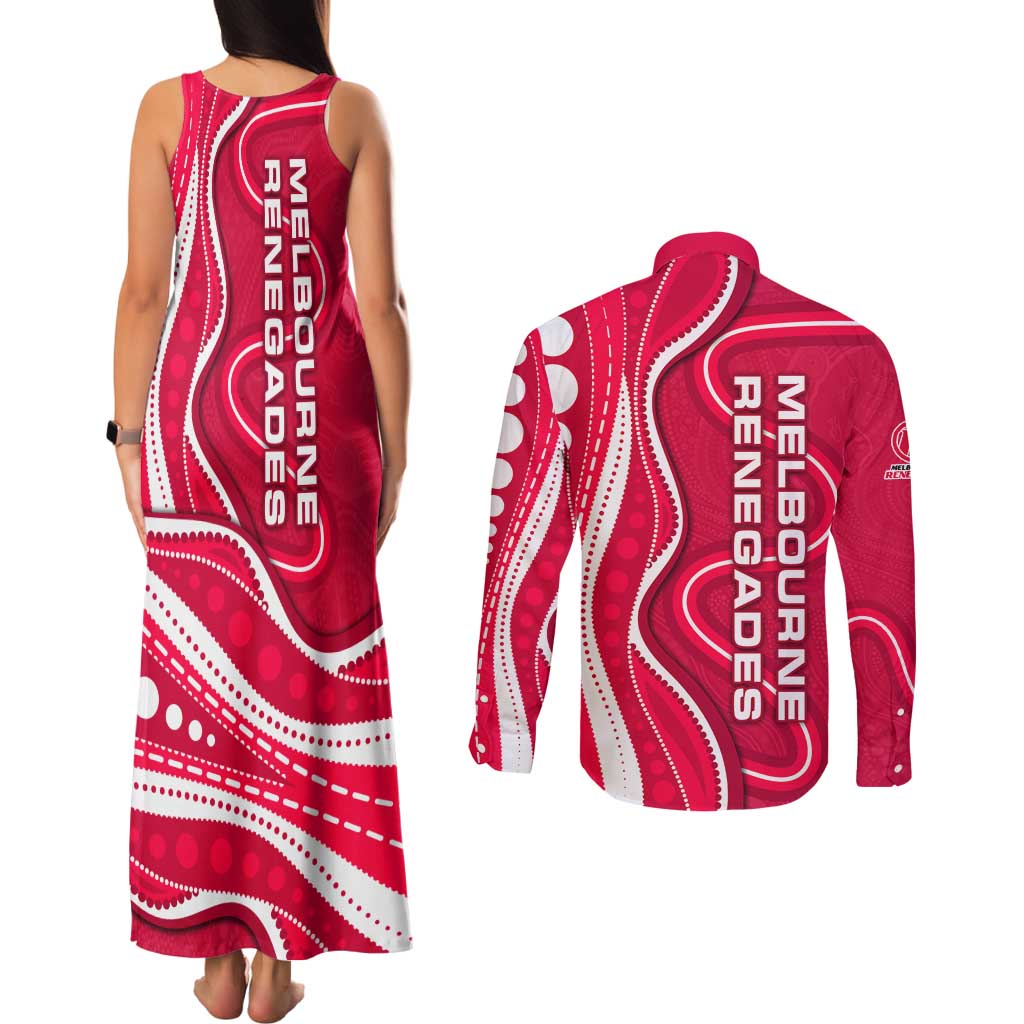 Melbourne Renegades Couples Matching Tank Maxi Dress and Long Sleeve Button Shirt Aboriginal Dot Art Red White - Tribal Wave Pattern
