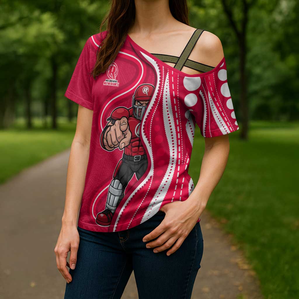 Melbourne Renegades Cross Shoulder Shirt Aboriginal Dot Art Red White - Tribal Wave Pattern
