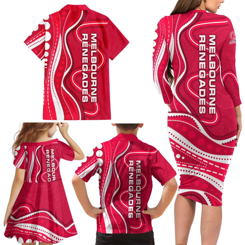 Melbourne Renegades Family Matching Long Sleeve Bodycon Dress and Hawaiian Shirt Aboriginal Dot Art Red White - Tribal Wave Pattern