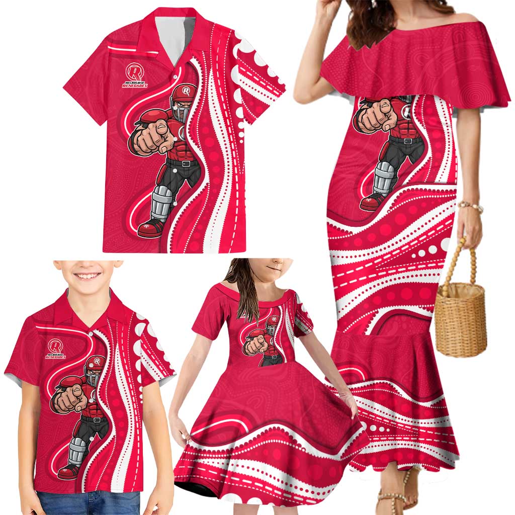 Melbourne Renegades Family Matching Mermaid Dress and Hawaiian Shirt Aboriginal Dot Art Red White - Tribal Wave Pattern