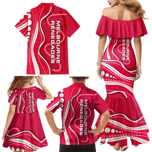 Melbourne Renegades Family Matching Mermaid Dress and Hawaiian Shirt Aboriginal Dot Art Red White - Tribal Wave Pattern