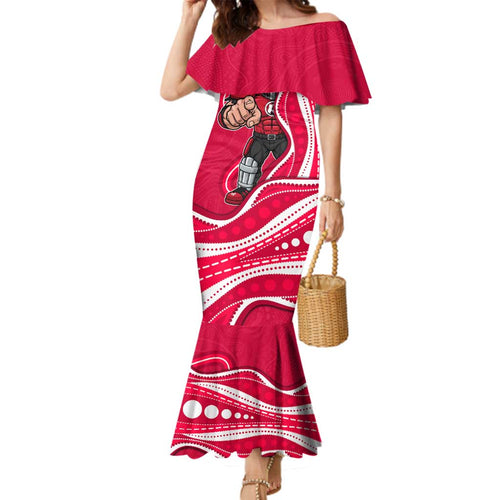 Melbourne Renegades Family Matching Mermaid Dress and Hawaiian Shirt Aboriginal Dot Art Red White - Tribal Wave Pattern
