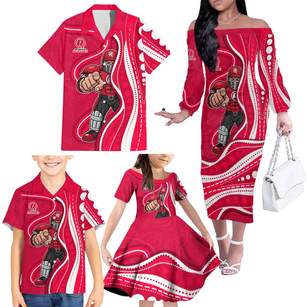 Melbourne Renegades Family Matching Off The Shoulder Long Sleeve Dress and Hawaiian Shirt Aboriginal Dot Art Red White - Tribal Wave Pattern