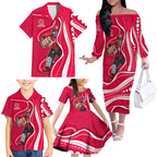 Melbourne Renegades Family Matching Off The Shoulder Long Sleeve Dress and Hawaiian Shirt Aboriginal Dot Art Red White - Tribal Wave Pattern