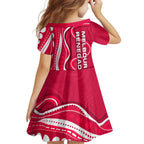 Melbourne Renegades Family Matching Off The Shoulder Long Sleeve Dress and Hawaiian Shirt Aboriginal Dot Art Red White - Tribal Wave Pattern