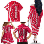 Melbourne Renegades Family Matching Off The Shoulder Long Sleeve Dress and Hawaiian Shirt Aboriginal Dot Art Red White - Tribal Wave Pattern