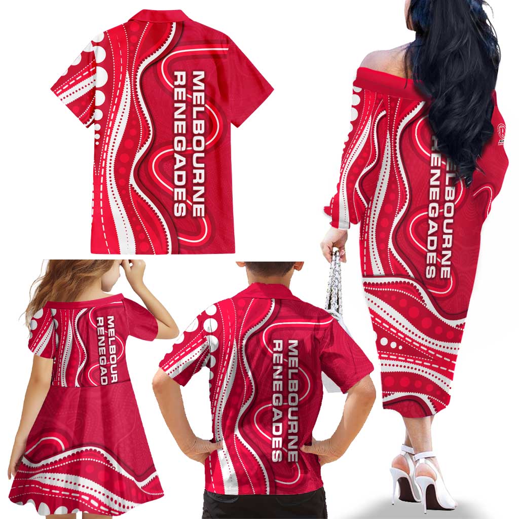 Melbourne Renegades Family Matching Off The Shoulder Long Sleeve Dress and Hawaiian Shirt Aboriginal Dot Art Red White - Tribal Wave Pattern