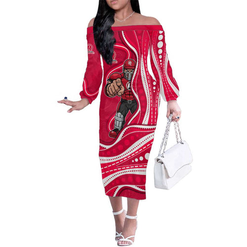 Melbourne Renegades Family Matching Off The Shoulder Long Sleeve Dress and Hawaiian Shirt Aboriginal Dot Art Red White - Tribal Wave Pattern