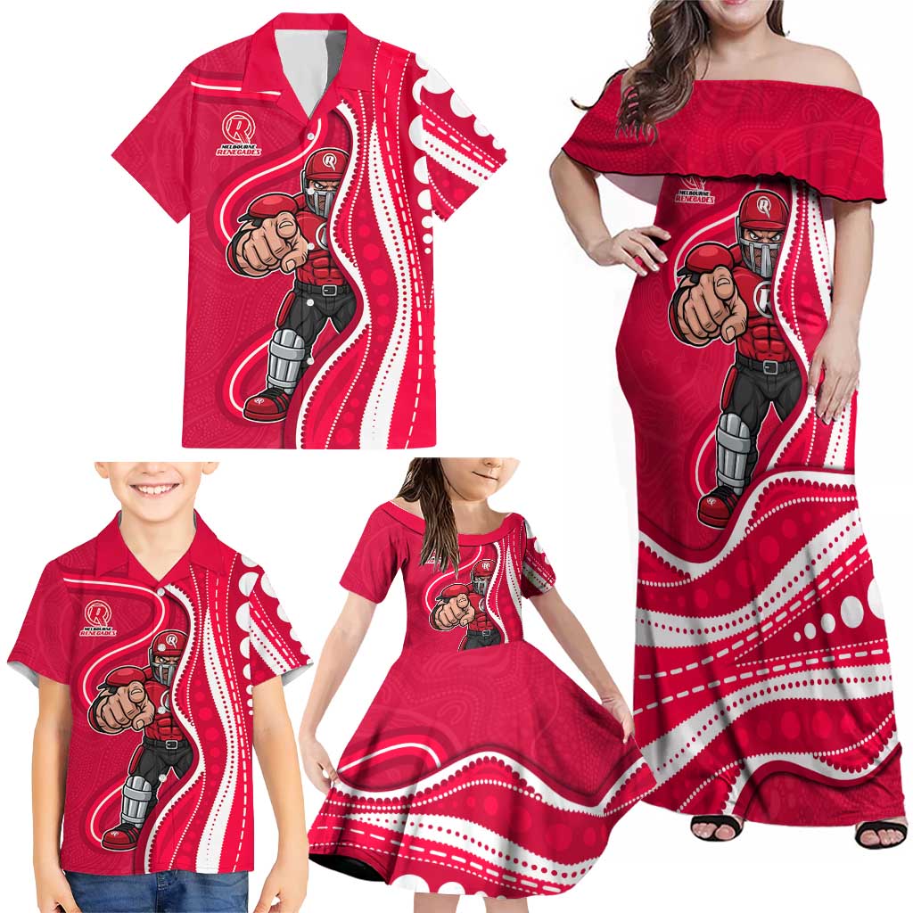 Melbourne Renegades Family Matching Off Shoulder Maxi Dress and Hawaiian Shirt Aboriginal Dot Art Red White - Tribal Wave Pattern