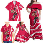 Melbourne Renegades Family Matching Off Shoulder Maxi Dress and Hawaiian Shirt Aboriginal Dot Art Red White - Tribal Wave Pattern