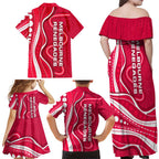 Melbourne Renegades Family Matching Off Shoulder Maxi Dress and Hawaiian Shirt Aboriginal Dot Art Red White - Tribal Wave Pattern