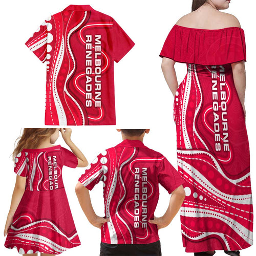 Melbourne Renegades Family Matching Off Shoulder Maxi Dress and Hawaiian Shirt Aboriginal Dot Art Red White - Tribal Wave Pattern