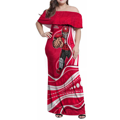 Melbourne Renegades Family Matching Off Shoulder Maxi Dress and Hawaiian Shirt Aboriginal Dot Art Red White - Tribal Wave Pattern