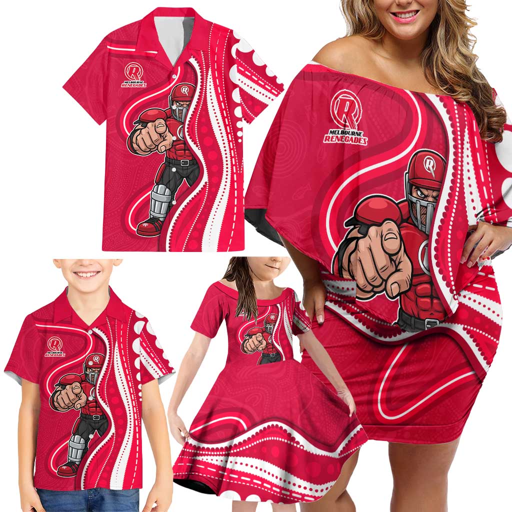 Melbourne Renegades Family Matching Off Shoulder Short Dress and Hawaiian Shirt Aboriginal Dot Art Red White - Tribal Wave Pattern