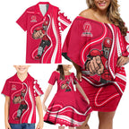 Melbourne Renegades Family Matching Off Shoulder Short Dress and Hawaiian Shirt Aboriginal Dot Art Red White - Tribal Wave Pattern