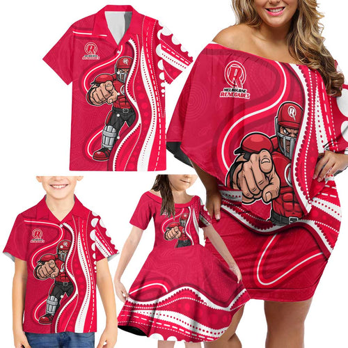 Melbourne Renegades Family Matching Off Shoulder Short Dress and Hawaiian Shirt Aboriginal Dot Art Red White - Tribal Wave Pattern