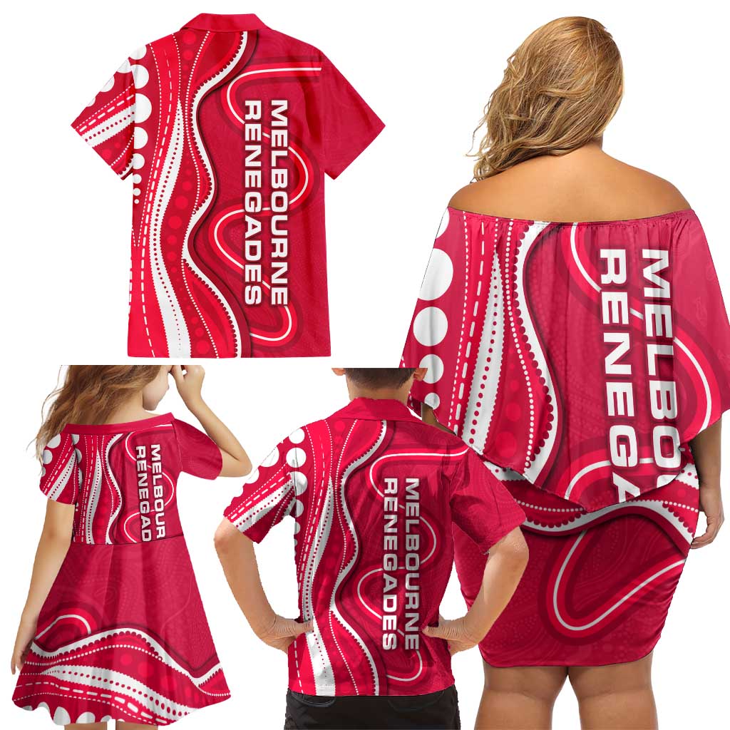 Melbourne Renegades Family Matching Off Shoulder Short Dress and Hawaiian Shirt Aboriginal Dot Art Red White - Tribal Wave Pattern