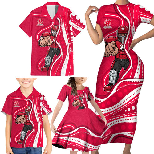 Melbourne Renegades Family Matching Short Sleeve Bodycon Dress and Hawaiian Shirt Aboriginal Dot Art Red White - Tribal Wave Pattern