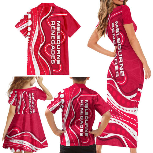 Melbourne Renegades Family Matching Short Sleeve Bodycon Dress and Hawaiian Shirt Aboriginal Dot Art Red White - Tribal Wave Pattern